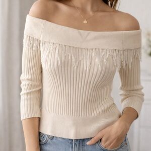 Cache Vintage Silk Knit Off Shoulder Ribbed Sweater Bead Fringe 3/4 Sleeve